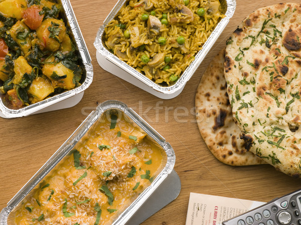 Chicken Korma, Sag Aloo, Mushroom Pilau And Naan Bread Stock photo © monkey_business