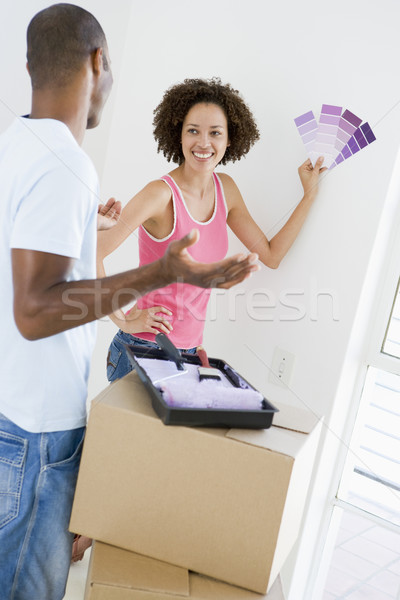 Foto stock: Pareja · pintura · nuevo · hogar · sonriendo · casa · hombre