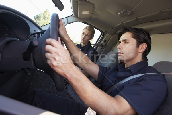 Foto d'archivio: Ambulanza · driver · collega · modo · emergenza · infermiera