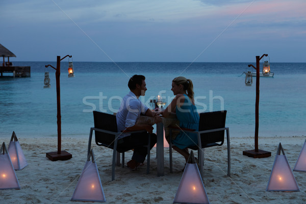 Stockfoto: Paar · genieten · laat · maaltijd · outdoor · restaurant