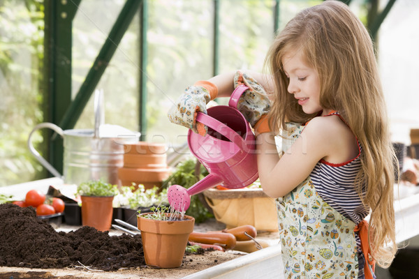 Young girl in greenhouse watering potted plant smiling Stock photo © monkey_business