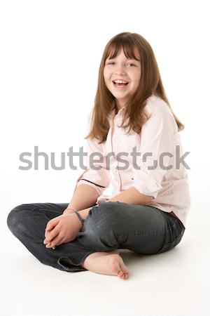 Stock fotó: Fiatal · lány · ül · stúdió · lány · gyerekek · boldog