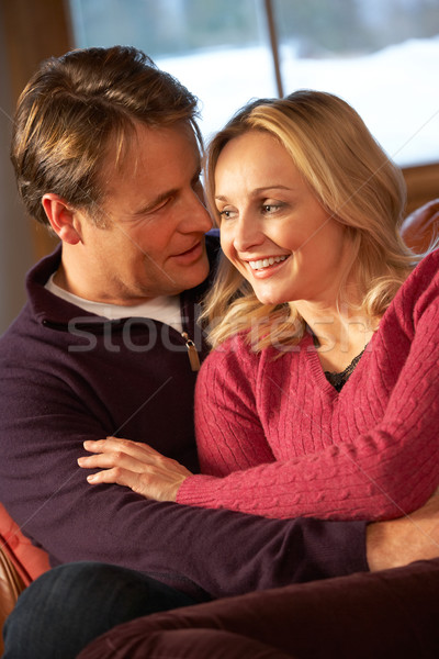 Middle Aged Couple Chatting On Sofa In Chalet With Winter View Stock photo © monkey_business