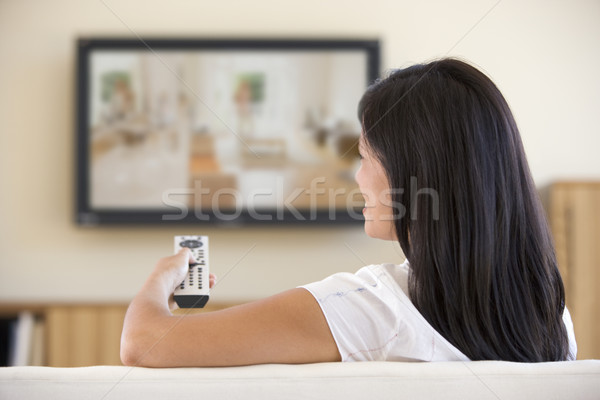 Femeie camera de zi acasă tehnologie portret Imagine de stoc © monkey_business