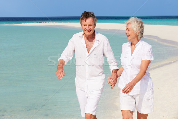 Stockfoto: Senior · romantische · paar · lopen · mooie · tropisch · strand