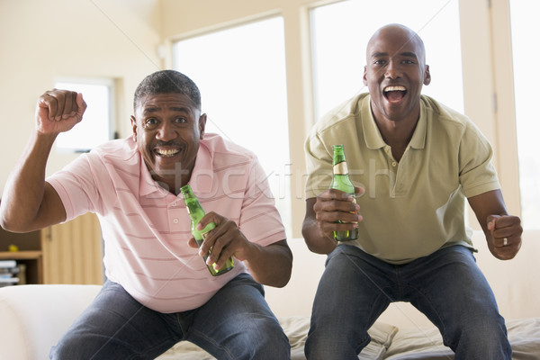 Stock foto: Zwei · Männer · Wohnzimmer · Bier · Flaschen · Jubel · lächelnd