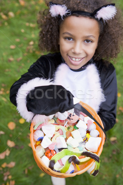 Stock fotó: Fiatal · lány · kint · macska · jelmez · halloween · tart