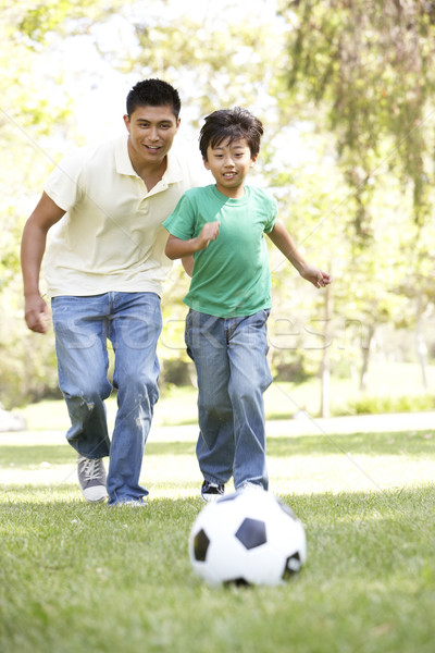 Foto d'archivio: Figlio · di · padre · parco · calcio · calcio · bambino · ritratto