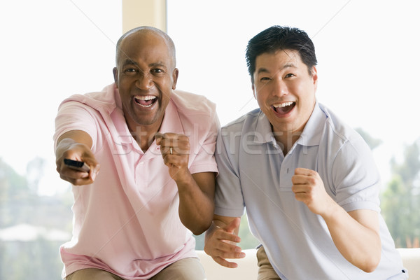 Two men in living room with remote control cheering and smiling Stock photo © monkey_business