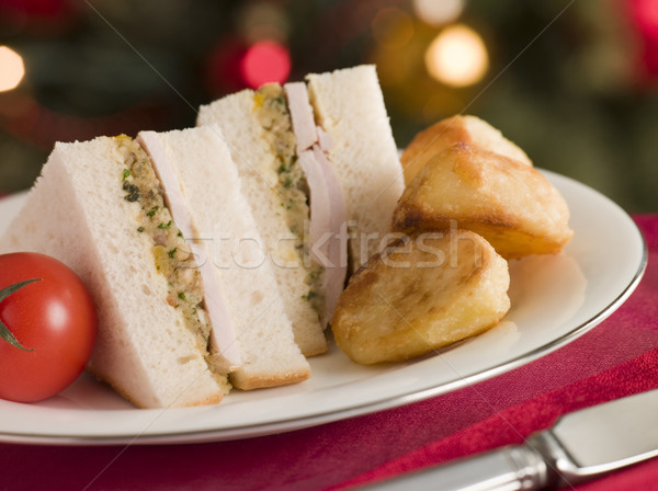 Stock photo: Roast Turkey Stuffing and Mayonnaise Sandwich with Cold Roast Po