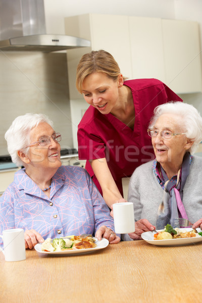 Foto stock: Senior · mulheres · cuidador · refeição · casa