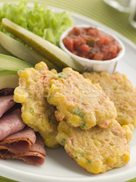 Sweet corn Fritters with Salsa Gherkins Avocado and Pastrami Stock photo © monkey_business