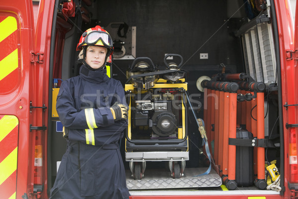 Firefighters standing by the equipment in a small fire engine Stock photo © monkey_business