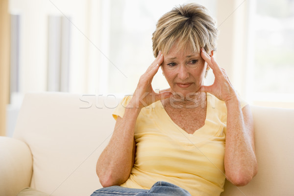 Foto stock: Mujer · dolor · de · cabeza · dolor · altos · color · sesión