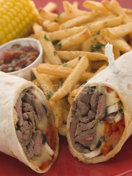 Philly Beef Steak Wrap with Fries Tomato Salsa and Corn Stock photo © monkey_business