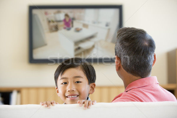 Man and young boy in living room with flat screen television smi Stock photo © monkey_business