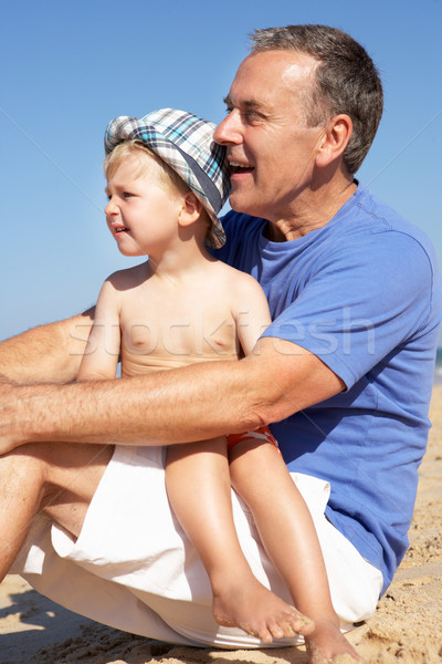 Foto stock: Abuelo · nieto · sesión · playa · nino · verano