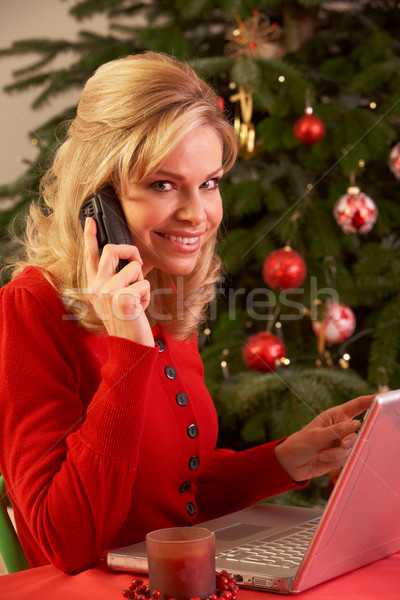 Foto stock: Mulher · compras · on-line · natal · presentes · telefone