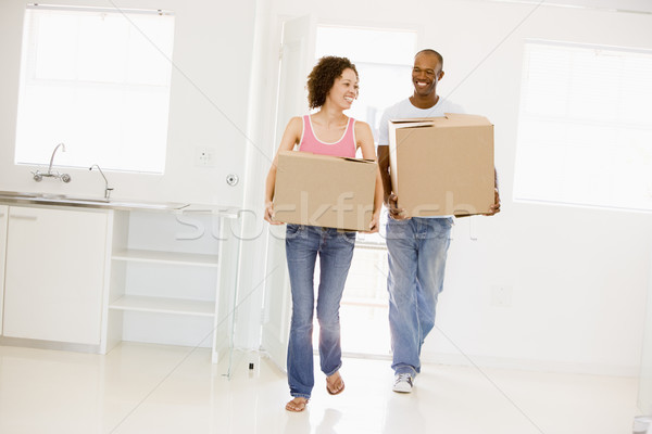 Foto stock: Pareja · cajas · movimiento · nuevo · hogar · sonriendo · mujer