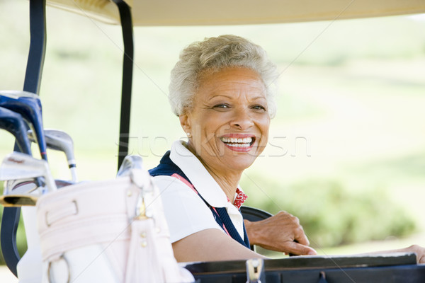 Stockfoto: Portret · vrouw · vergadering · golf · winkelwagen · sport