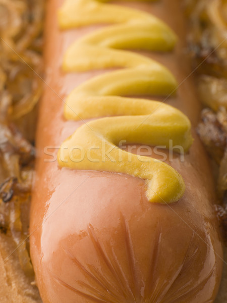 Сток-фото: Hot · Dog · жареный · лук · горчица · продовольствие · приготовления