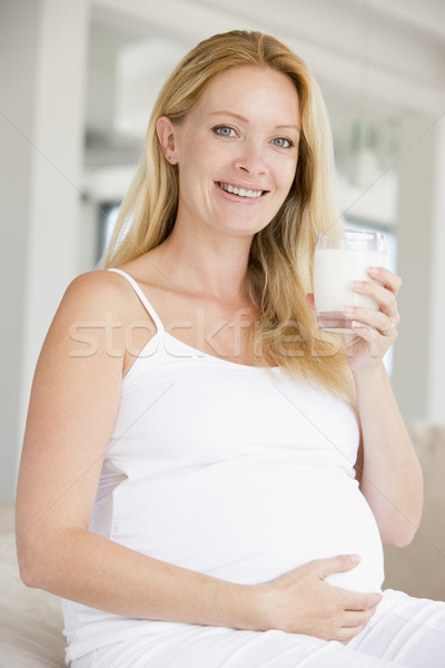 Hamile kadın cam süt gülen kadın portre Stok fotoğraf © monkey_business