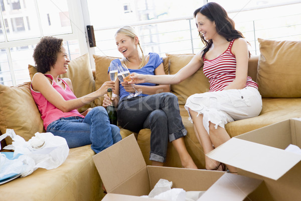 Három lány barátok pirít pezsgő dobozok új otthon Stock fotó © monkey_business