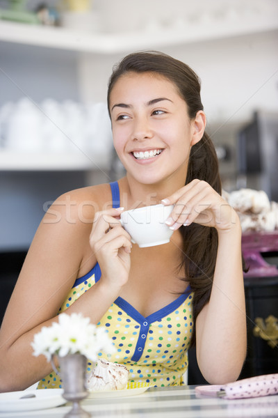 Mulher jovem potável chá café café feliz Foto stock © monkey_business