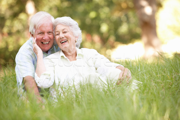 [[stock_photo]]: Couple · de · personnes · âgées · séance · parc · femme · herbe · couple