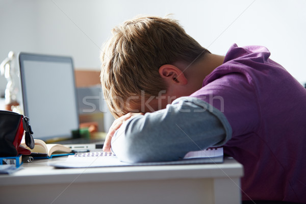 Imagine de stoc: Obosit · băiat · studiu · dormitor · copii · laptop