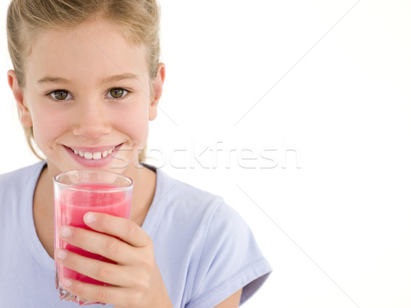 Foto stock: Joven · vidrio · jugo · sonriendo · feliz · nino