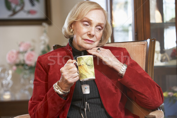 Stockfoto: Senior · vrouw · drinken · hot · bril