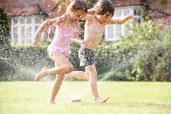 2 子供 を実行して 庭園 スプリンクラー 水 ストックフォト © monkey_business