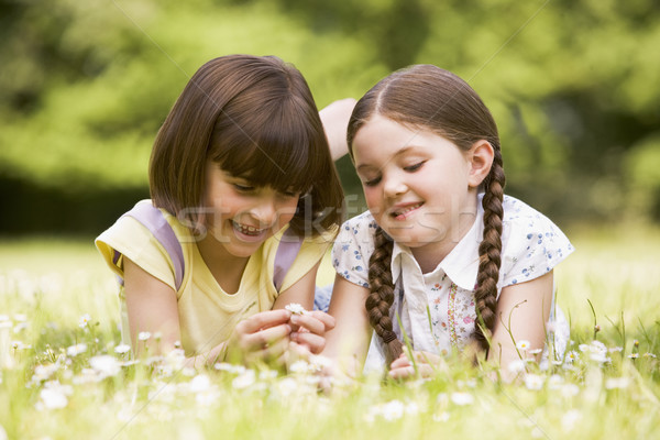 Stock foto: Zwei · Schwestern · Freien · Blume · lächelnd · Kinder