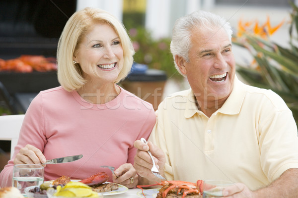 Stockfoto: Paar · genieten · maaltijd · tuin · man · gelukkig