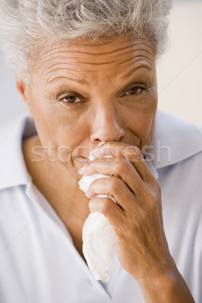 Stockfoto: Vrouw · blazen · neus · gezondheid · ziek · senior · koud