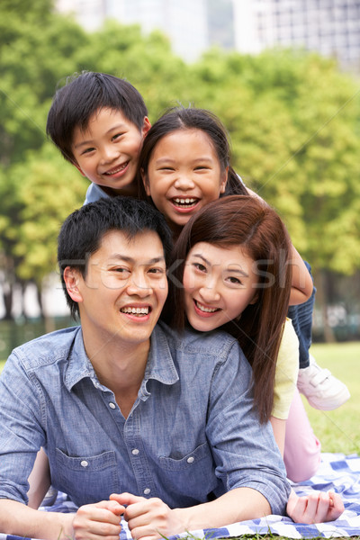 [[stock_photo]]: Jeunes · chinois · famille · détente · parc · ensemble