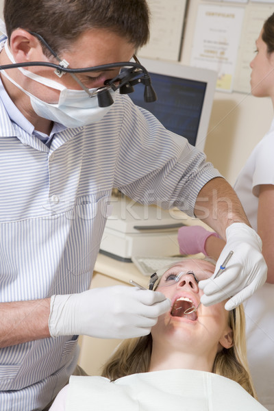 Stock foto: Zahnarzt · Assistent · Prüfung · Zimmer · Frau · Stuhl