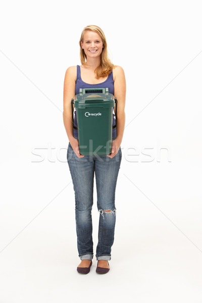 [[stock_photo]]: Jeune · femme · recyclage · contenant · jeunes · permanent