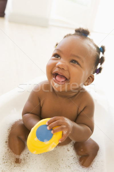 Foto stock: Bebê · sorridente · risonho · bebês · sabão