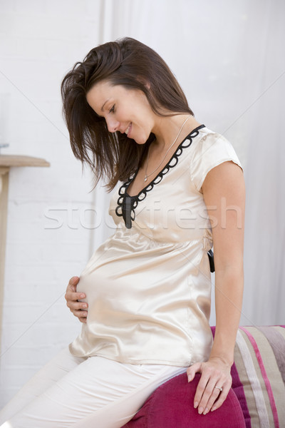 Сток-фото: беременная · женщина · сидят · гостиной · улыбаясь · семьи · беременна