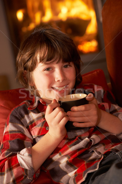 Young Boy Relaxing With Hot Drink By Cosy Log Fire Stock photo © monkey_business