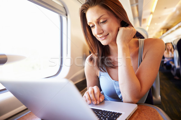 Stockfoto: Vrouw · met · behulp · van · laptop · trein · computer · vrouwen · gelukkig