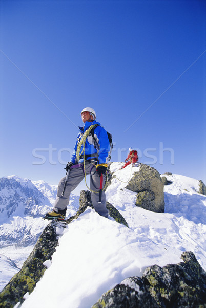 Junge Männer Bergsteigen Spitze Schnee blauer Himmel Klettern Stock foto © monkey_business