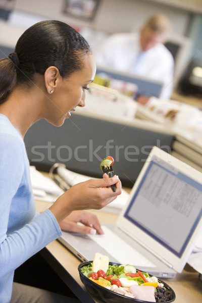 Geschäftsfrau Kabine Laptop Essen Salat Büro Stock foto © monkey_business