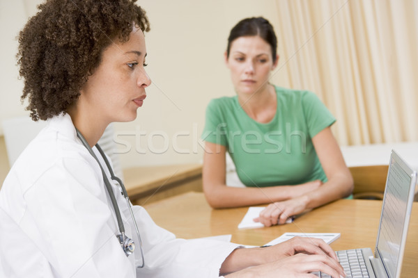 Doctor using laptop with woman in doctor's office frowning Stock photo © monkey_business