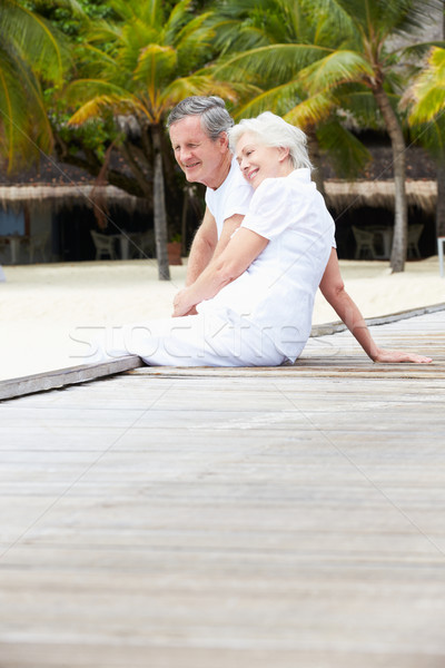 Foto stock: Casal · de · idosos · sessão · feliz · mar · tropical