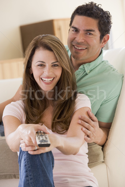 Сток-фото: пару · гостиной · пультом · улыбаясь · человека · счастливым