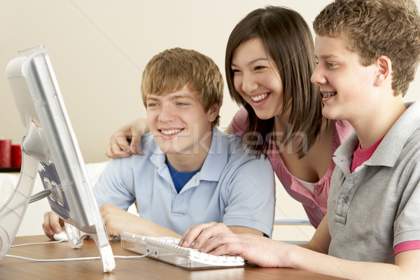 Stockfoto: Tieners · computer · home · man · gelukkig · vrienden