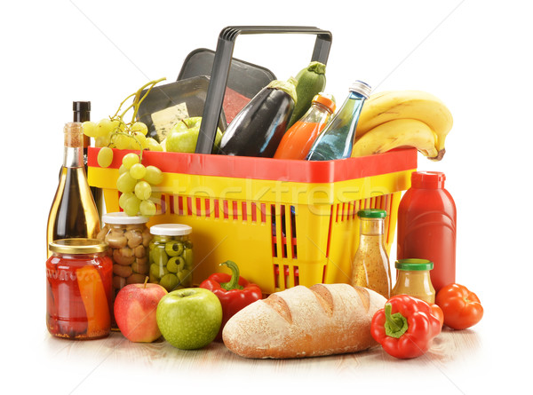 Comestibles productos cesta de la compra agua vino frutas Foto stock © monticelllo